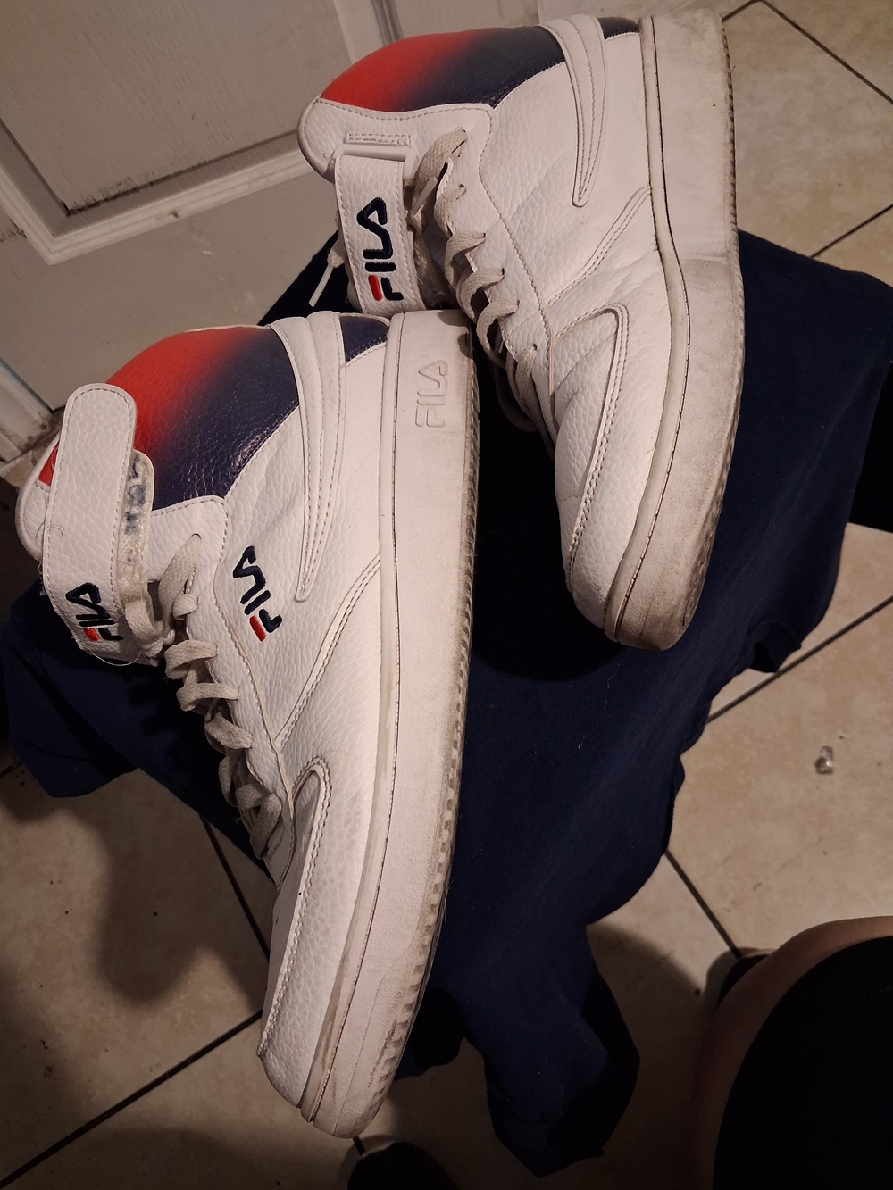 FILA White High-Top Sneakers with Red & Blue Gradient Accent
